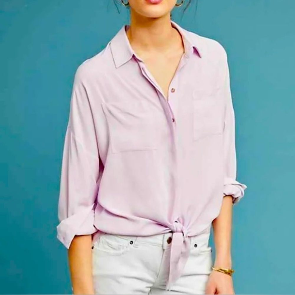Anthropologie Maeve Soft Pink Roll Tab Sleeves Button Front Knot Shirt Size XS